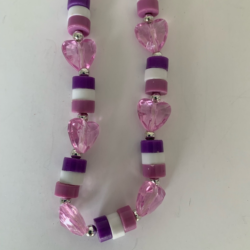 Girls Necklace & Bracelet Set Child’s Size Purple White Beaded Heart Jewelry - Picture 5 of 11